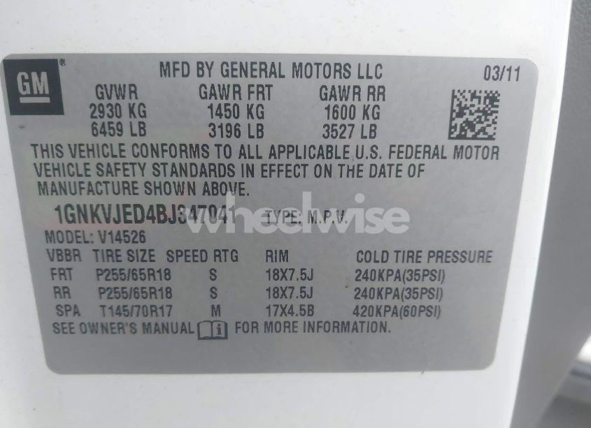 Photo 9 of 2011 Chevrolet Traverse 2LT (VIN 1GNKVJED4BJ347041)