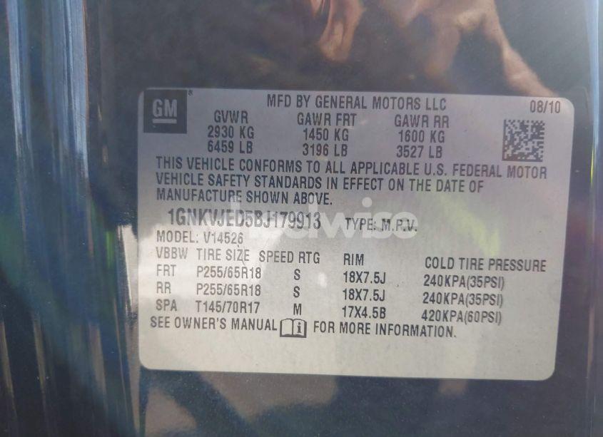 Photo 9 of 2011 Chevrolet Traverse 2LT (VIN 1GNKVJED5BJ179913)