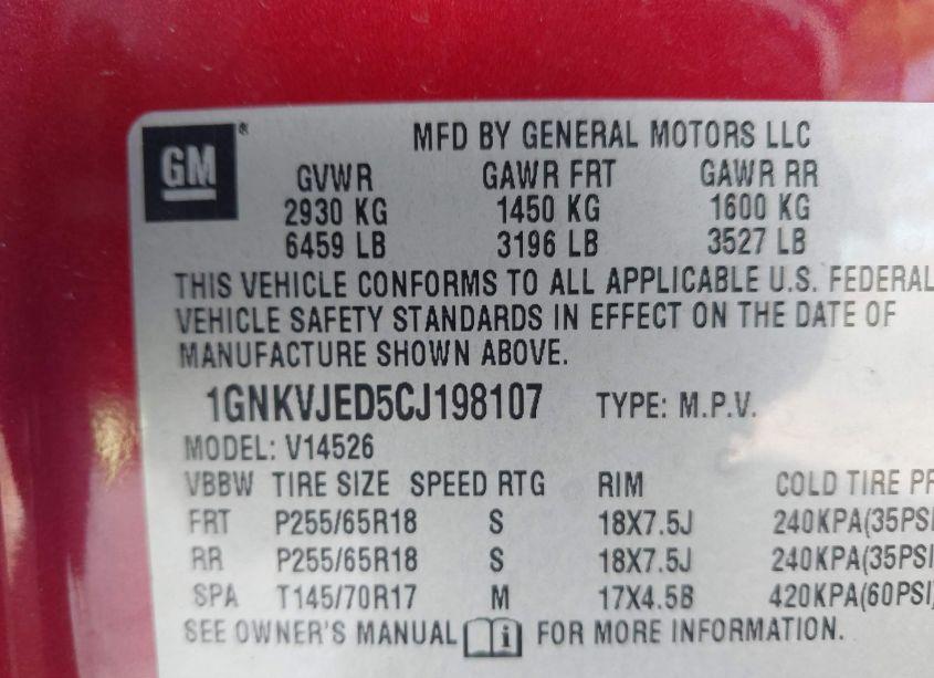 Photo 9 of 2012 Chevrolet Traverse 2LT (VIN 1GNKVJED5CJ198107)