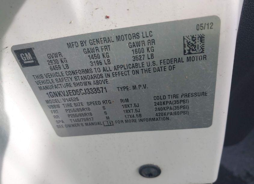 Photo 9 of 2012 Chevrolet Traverse 2LT (VIN 1GNKVJED5CJ333571)