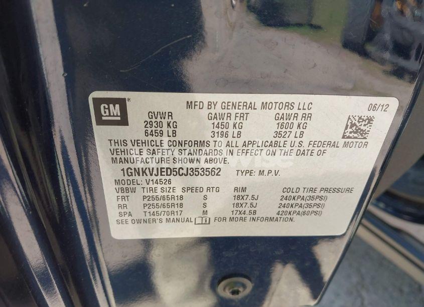 Photo 9 of 2012 Chevrolet Traverse 2LT (VIN 1GNKVJED5CJ353562)