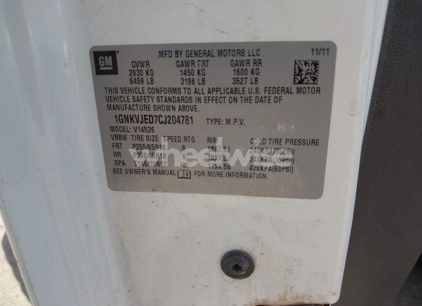 Photo 9 of 2012 Chevrolet Traverse 2LT (VIN 1GNKVJED7CJ204781)