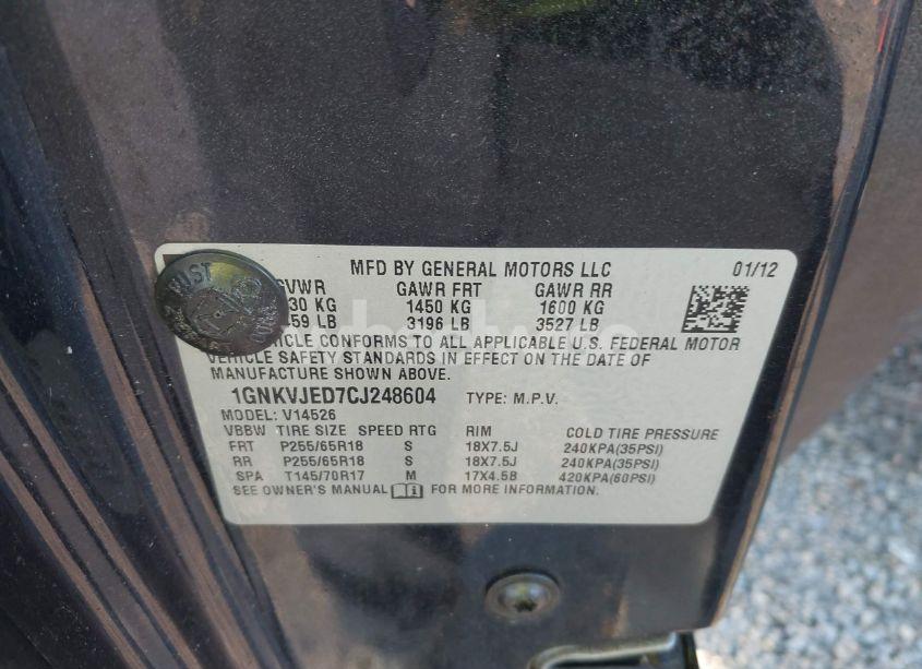 Photo 9 of 2012 Chevrolet Traverse 2LT (VIN 1GNKVJED7CJ248604)