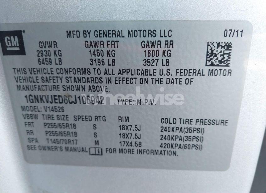 Photo 9 of 2012 Chevrolet Traverse 2LT (VIN 1GNKVJED8CJ106942)