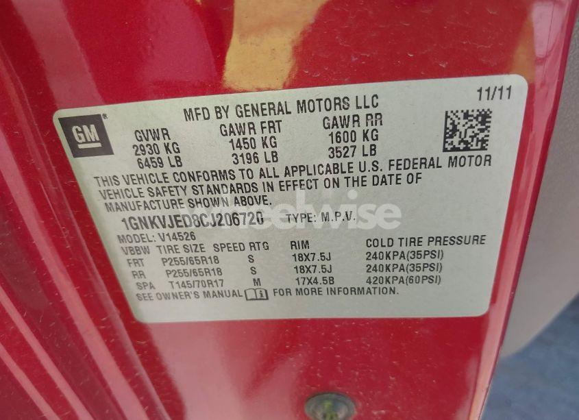 Photo 9 of 2012 Chevrolet Traverse 2LT (VIN 1GNKVJED8CJ206720)