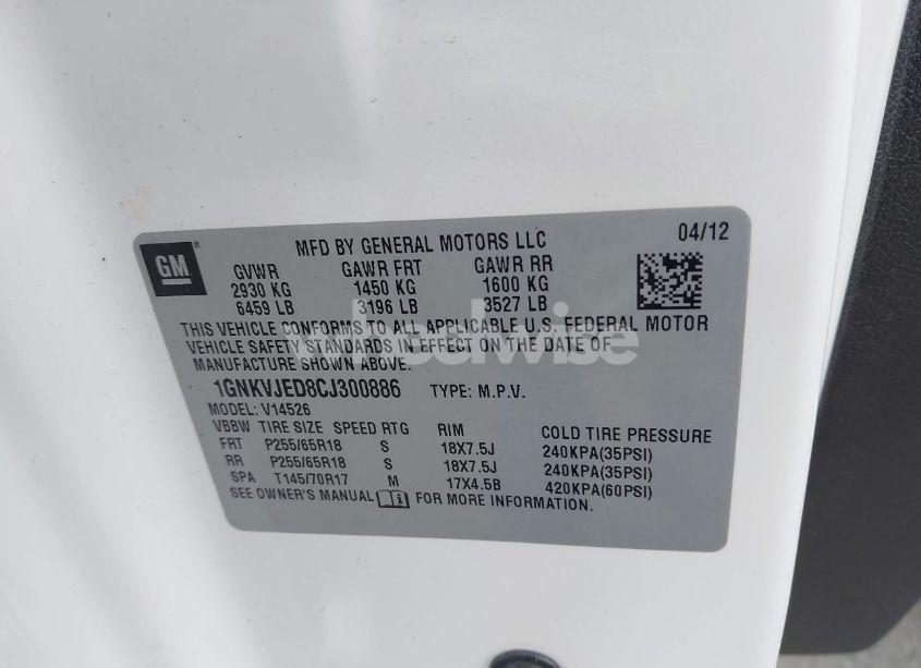 Photo 9 of 2012 Chevrolet Traverse 2LT (VIN 1GNKVJED8CJ300886)