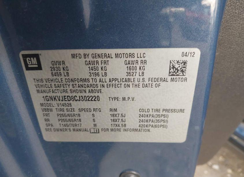 Photo 9 of 2012 Chevrolet Traverse 2LT (VIN 1GNKVJED8CJ302220)