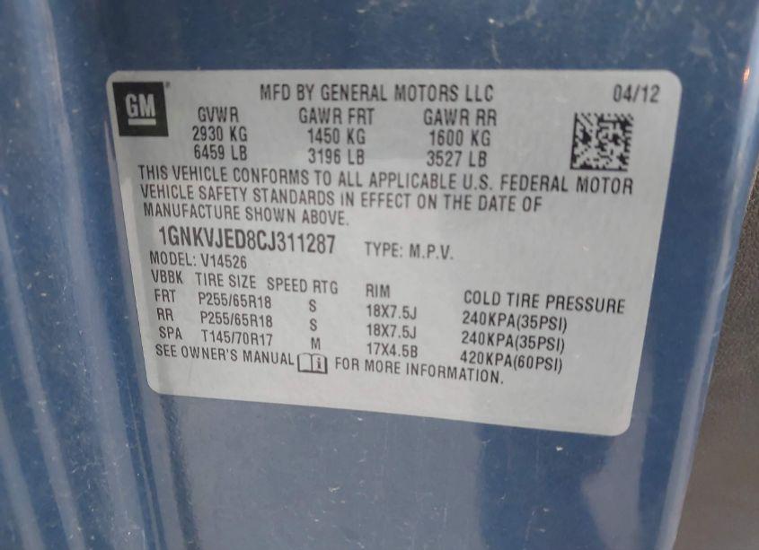 Photo 9 of 2012 Chevrolet Traverse 2LT (VIN 1GNKVJED8CJ311287)