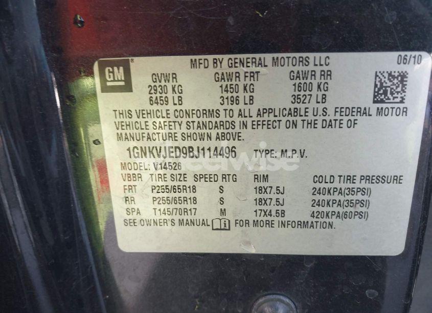 Photo 9 of 2011 Chevrolet Traverse 2LT (VIN 1GNKVJED9BJ114496)
