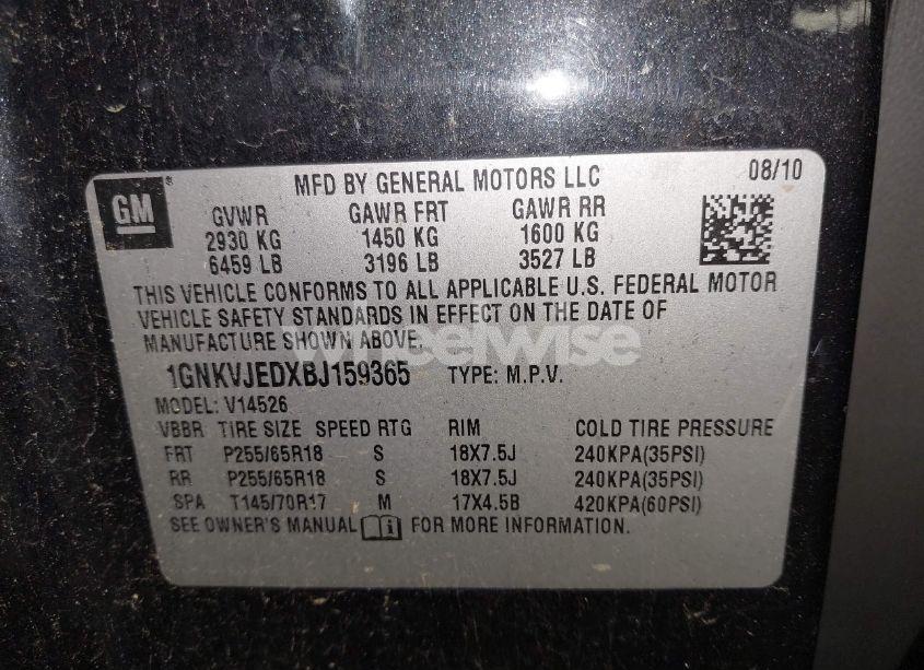 Photo 9 of 2011 Chevrolet Traverse 2LT (VIN 1GNKVJEDXBJ159365)