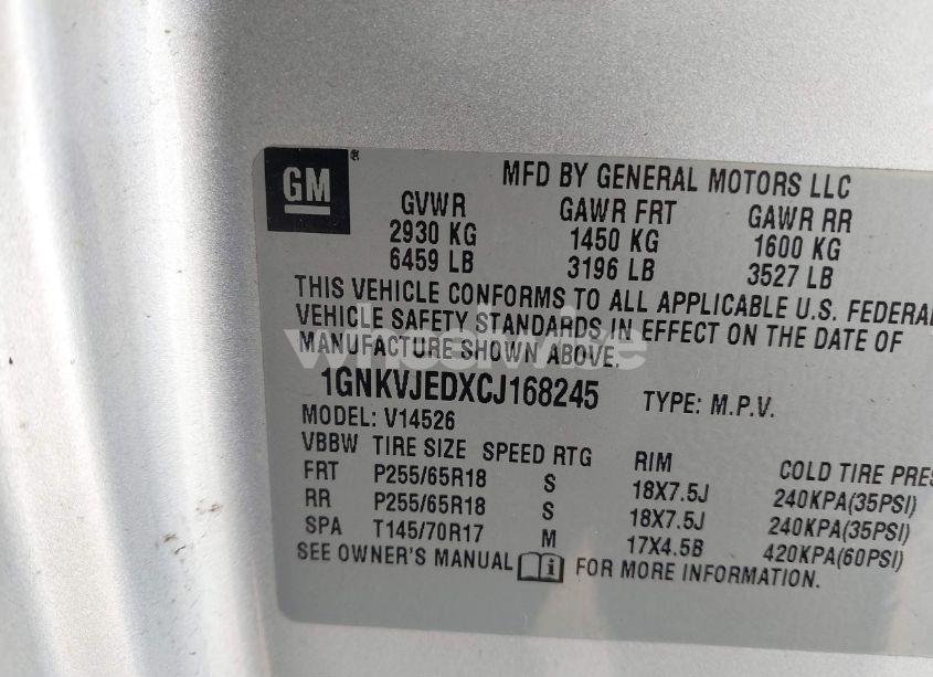 Photo 9 of 2012 Chevrolet Traverse 2LT (VIN 1GNKVJEDXCJ168245)