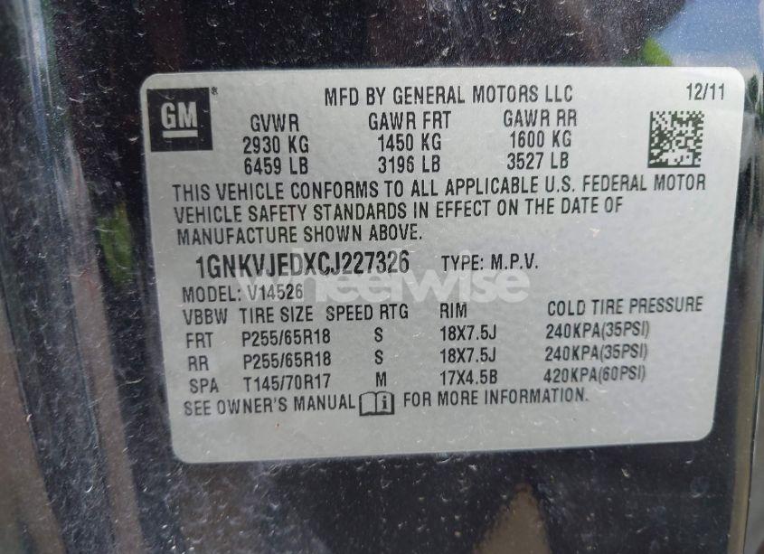 Photo 9 of 2012 Chevrolet Traverse 2LT (VIN 1GNKVJEDXCJ227326)