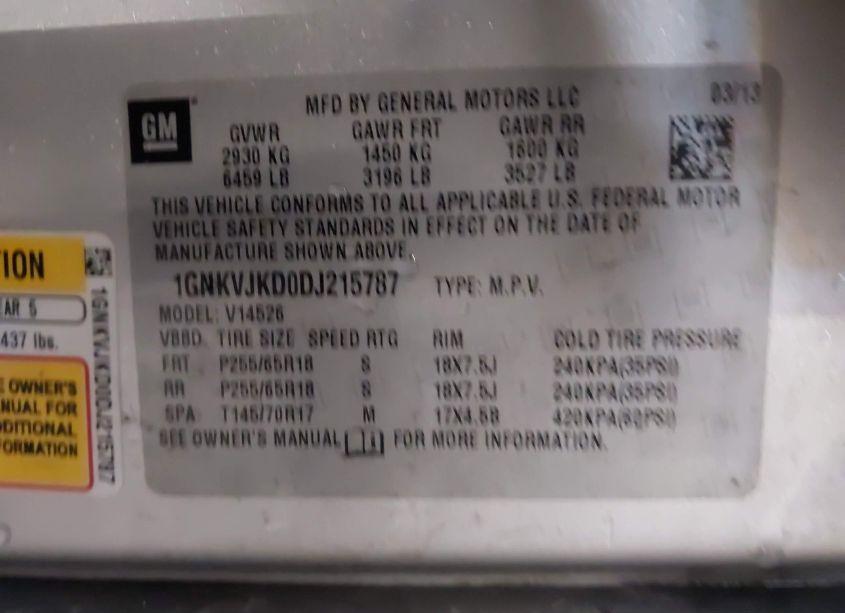 Photo 9 of 2013 Chevrolet Traverse 2LT (VIN 1GNKVJKD0DJ215787)