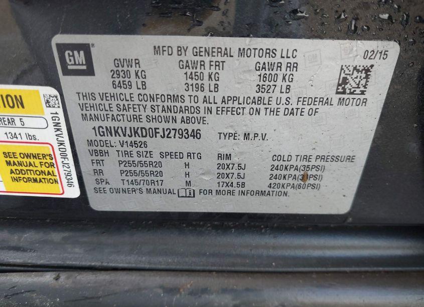 Photo 9 of 2015 Chevrolet Traverse LTZ (VIN 1GNKVJKD0FJ279346)