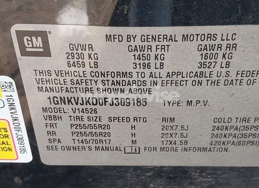 Photo 9 of 2015 Chevrolet Traverse LTZ (VIN 1GNKVJKD0FJ309185)