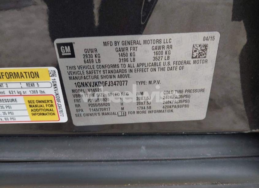 Photo 9 of 2015 Chevrolet Traverse LTZ (VIN 1GNKVJKD0FJ347077)