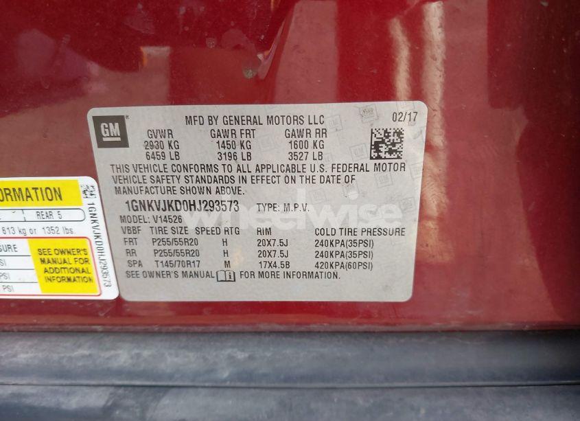 Photo 9 of 2017 Chevrolet Traverse PREMIER (VIN 1GNKVJKD0HJ293573)