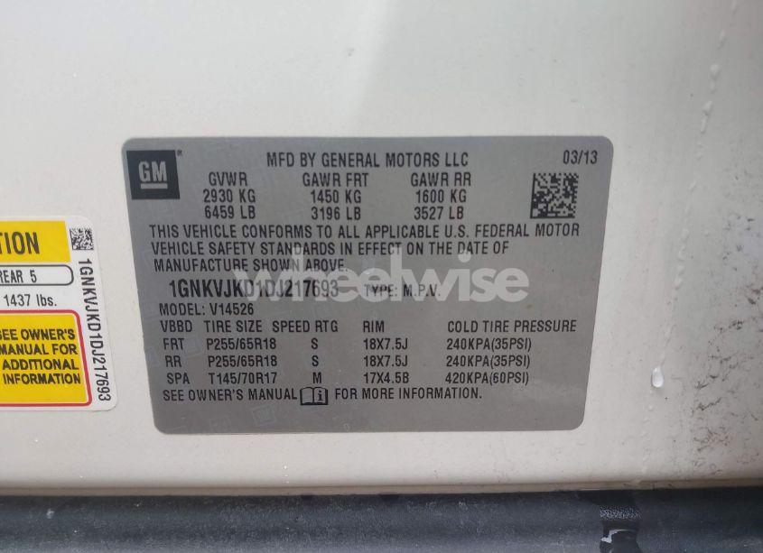 Photo 9 of 2013 Chevrolet Traverse 2LT (VIN 1GNKVJKD1DJ217693)