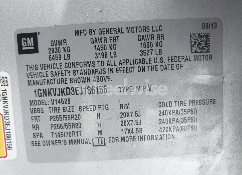 Photo 9 of 2014 Chevrolet Traverse LTZ (VIN 1GNKVJKD3EJ186156)