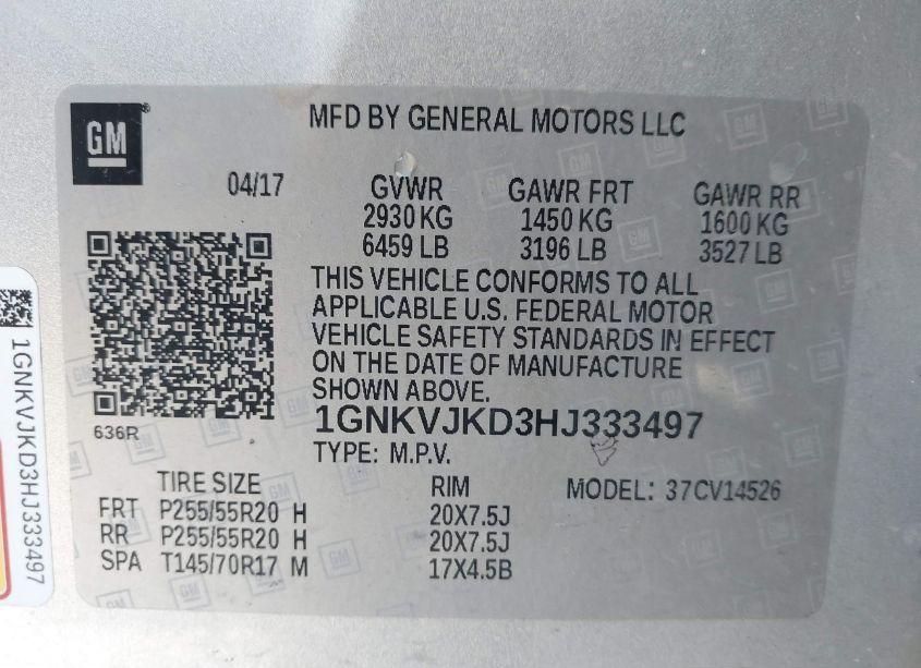 Photo 9 of 2017 Chevrolet Traverse PREMIER (VIN 1GNKVJKD3HJ333497)