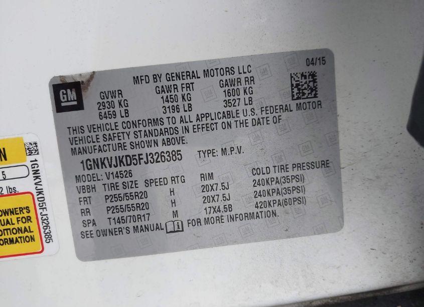 Photo 9 of 2015 Chevrolet Traverse LTZ (VIN 1GNKVJKD5FJ326385)