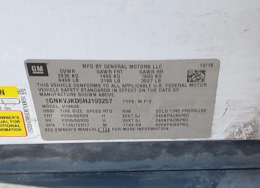 Photo 9 of 2017 Chevrolet Traverse PREMIER (VIN 1GNKVJKD5HJ193257)