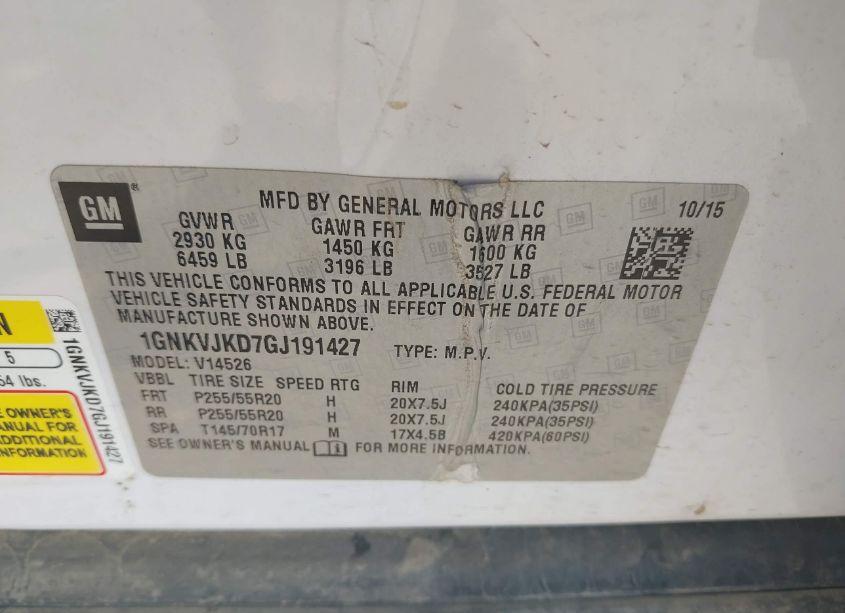 Photo 9 of 2016 Chevrolet Traverse LTZ (VIN 1GNKVJKD7GJ191427)