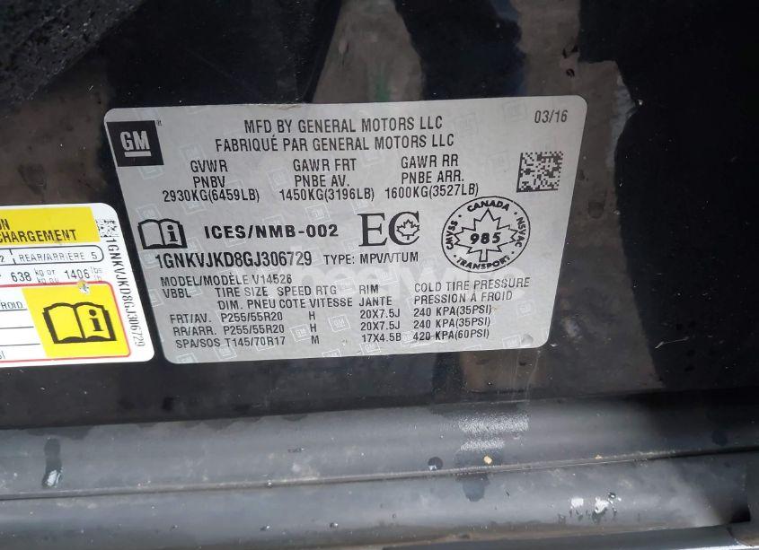 Photo 9 of 2016 Chevrolet Traverse LTZ (VIN 1GNKVJKD8GJ306729)