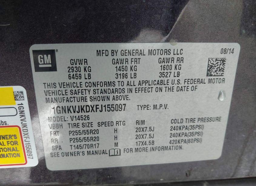 Photo 9 of 2015 Chevrolet Traverse LTZ (VIN 1GNKVJKDXFJ155097)