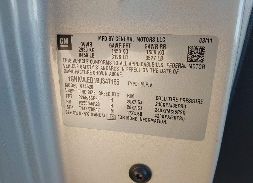 Photo 9 of 2011 Chevrolet Traverse LTZ (VIN 1GNKVLED1BJ347185)