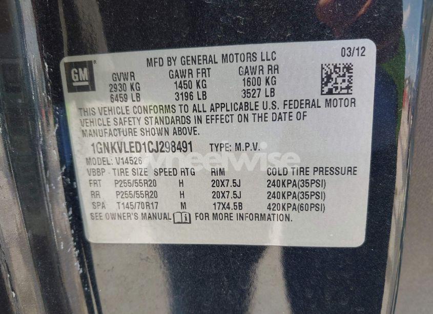 Photo 9 of 2012 Chevrolet Traverse LTZ (VIN 1GNKVLED1CJ298491)