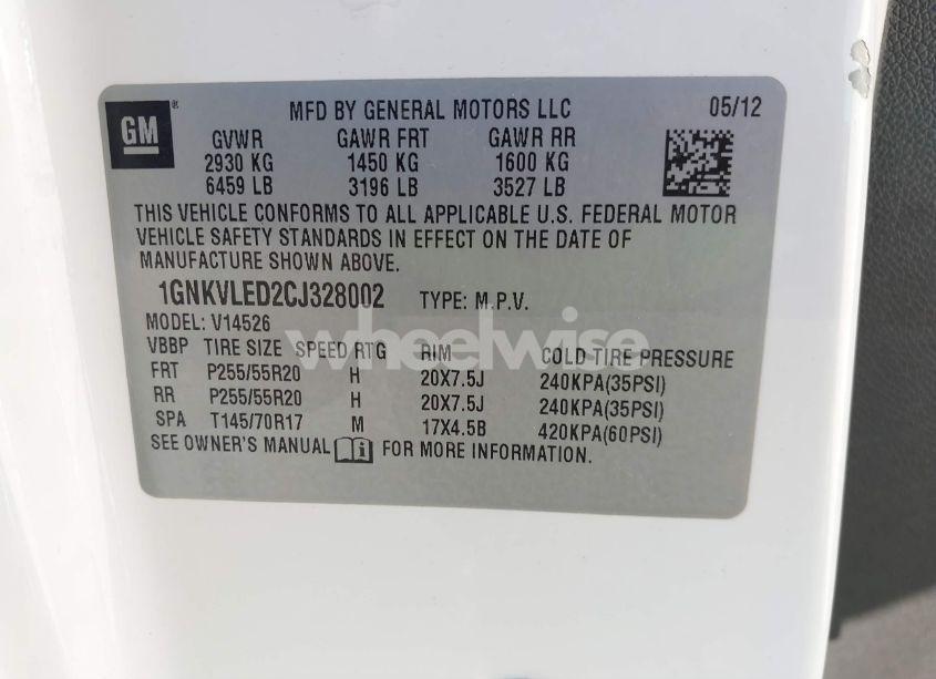 Photo 9 of 2012 Chevrolet Traverse LTZ (VIN 1GNKVLED2CJ328002)