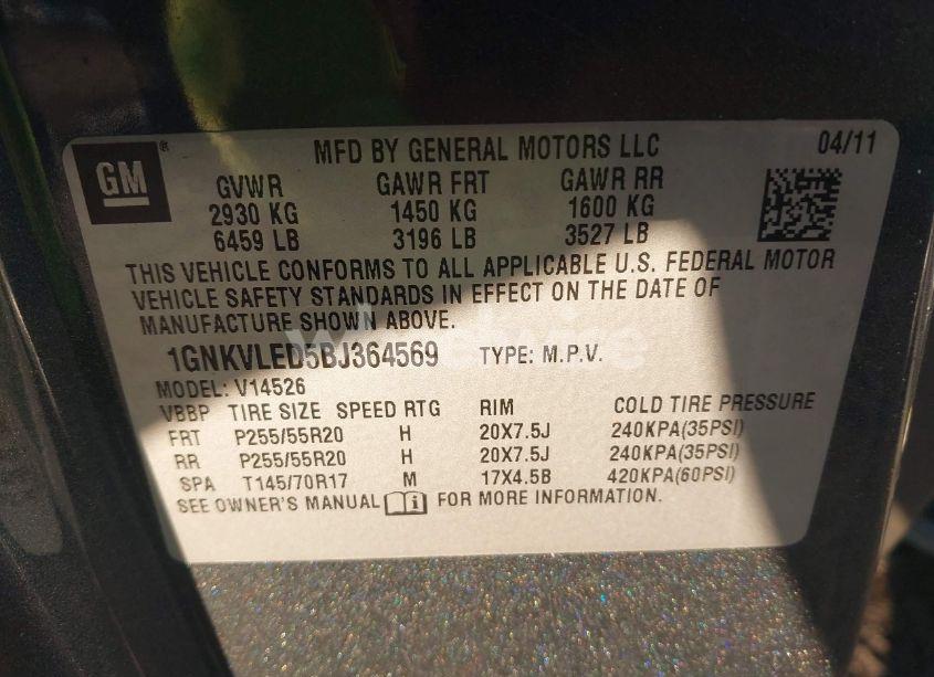 Photo 9 of 2011 Chevrolet Traverse LTZ (VIN 1GNKVLED5BJ364569)