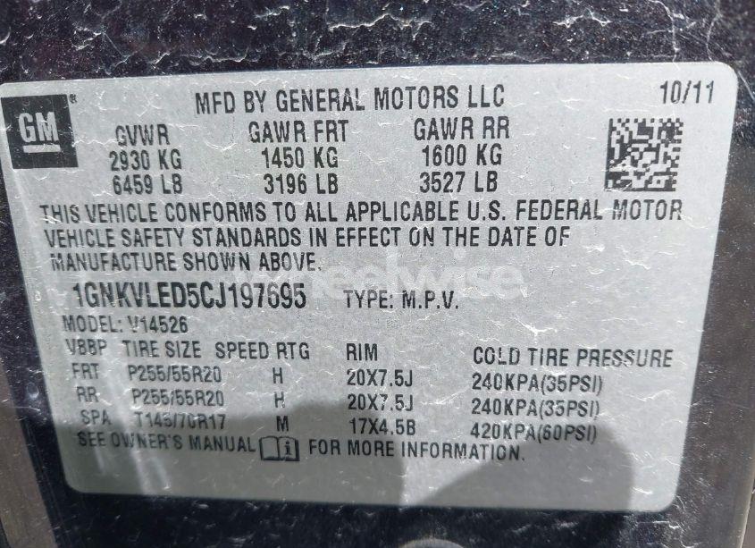 Photo 9 of 2012 Chevrolet Traverse LTZ (VIN 1GNKVLED5CJ197695)