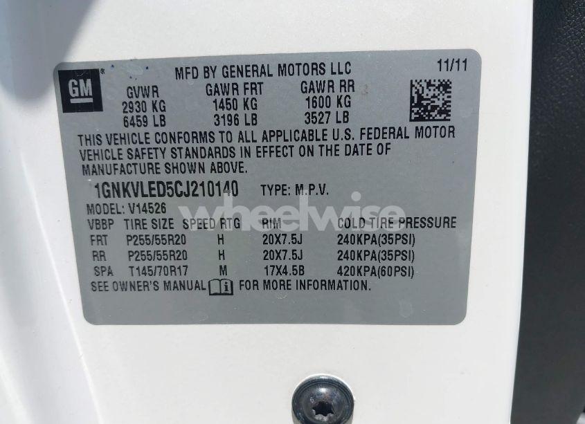 Photo 9 of 2012 Chevrolet Traverse LTZ (VIN 1GNKVLED5CJ210140)