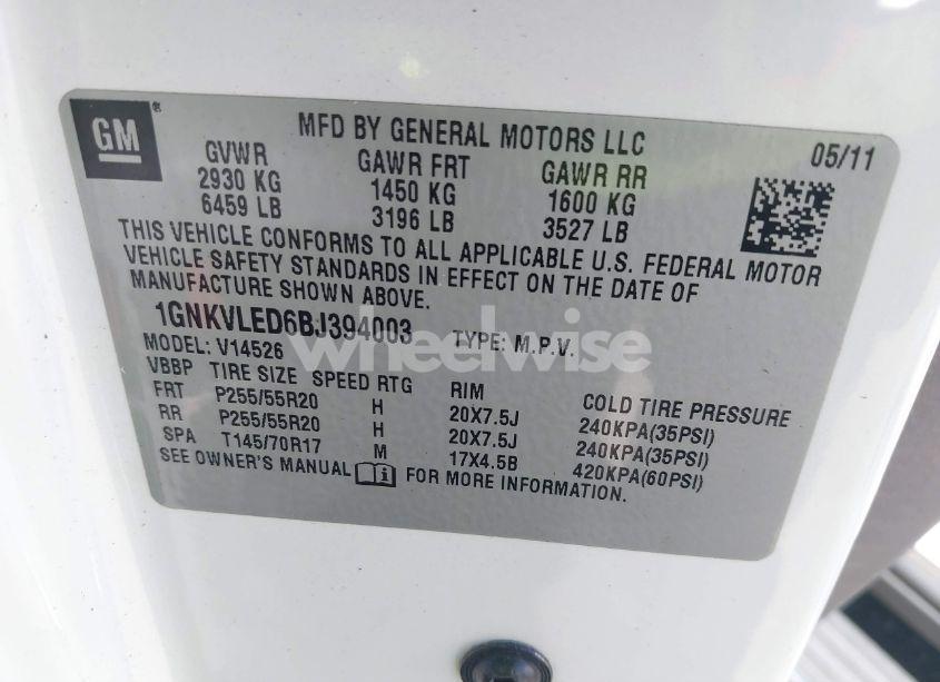 Photo 9 of 2011 Chevrolet Traverse LTZ (VIN 1GNKVLED6BJ394003)