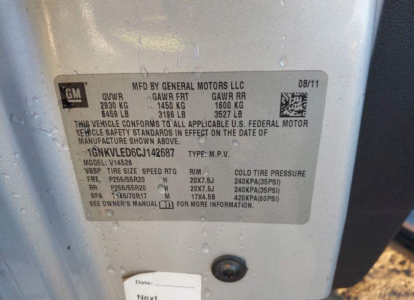 Photo 9 of 2012 Chevrolet Traverse LTZ (VIN 1GNKVLED6CJ142687)