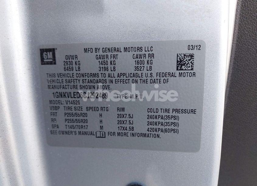 Photo 9 of 2012 Chevrolet Traverse LTZ (VIN 1GNKVLED6CJ292489)