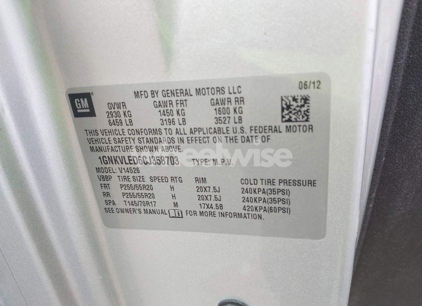 Photo 9 of 2012 Chevrolet Traverse LTZ (VIN 1GNKVLED6CJ358703)