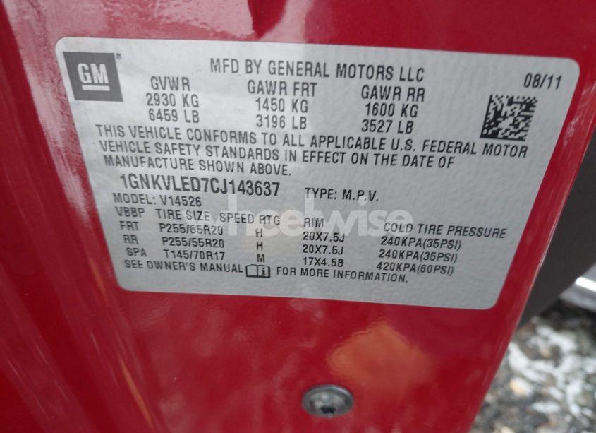 Photo 9 of 2012 Chevrolet Traverse LTZ (VIN 1GNKVLED7CJ143637)