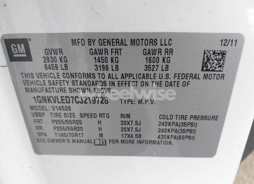 Photo 9 of 2012 Chevrolet Traverse LTZ (VIN 1GNKVLED7CJ219728)