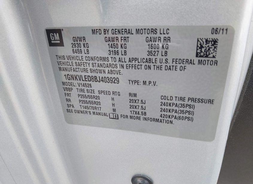 Photo 9 of 2011 Chevrolet Traverse LTZ (VIN 1GNKVLED8BJ403929)