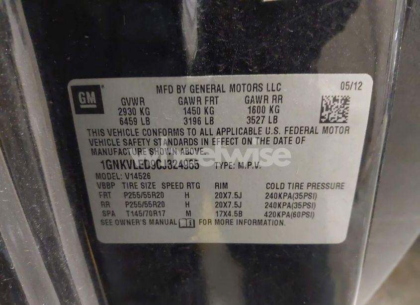 Photo 9 of 2012 Chevrolet Traverse LTZ (VIN 1GNKVLED9CJ324965)