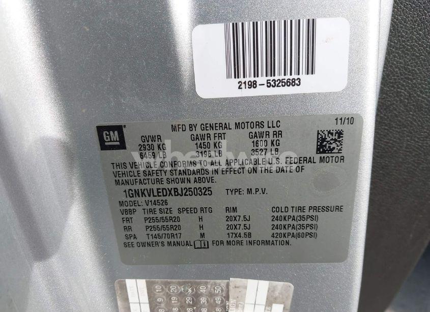 Photo 9 of 2011 Chevrolet Traverse LTZ (VIN 1GNKVLEDXBJ250325)