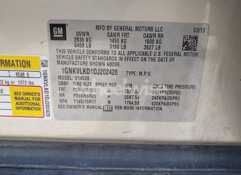 Photo 9 of 2013 Chevrolet Traverse LTZ (VIN 1GNKVLKD1DJ202428)