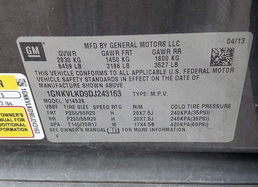 Photo 9 of 2013 Chevrolet Traverse LTZ (VIN 1GNKVLKD9DJ243163)