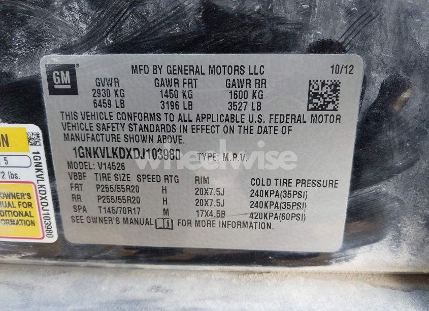 Photo 9 of 2013 Chevrolet Traverse LTZ (VIN 1GNKVLKDXDJ103980)