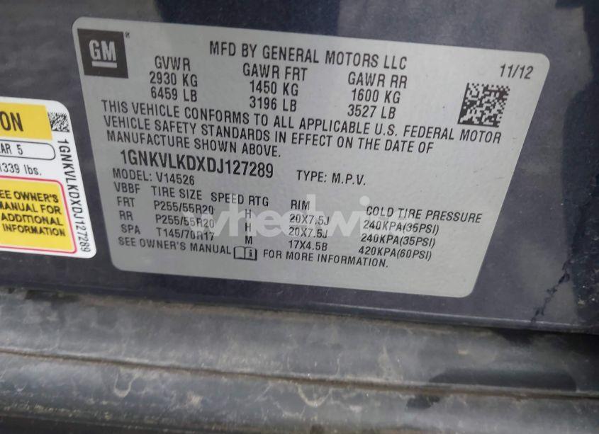 Photo 9 of 2013 Chevrolet Traverse LTZ (VIN 1GNKVLKDXDJ127289)