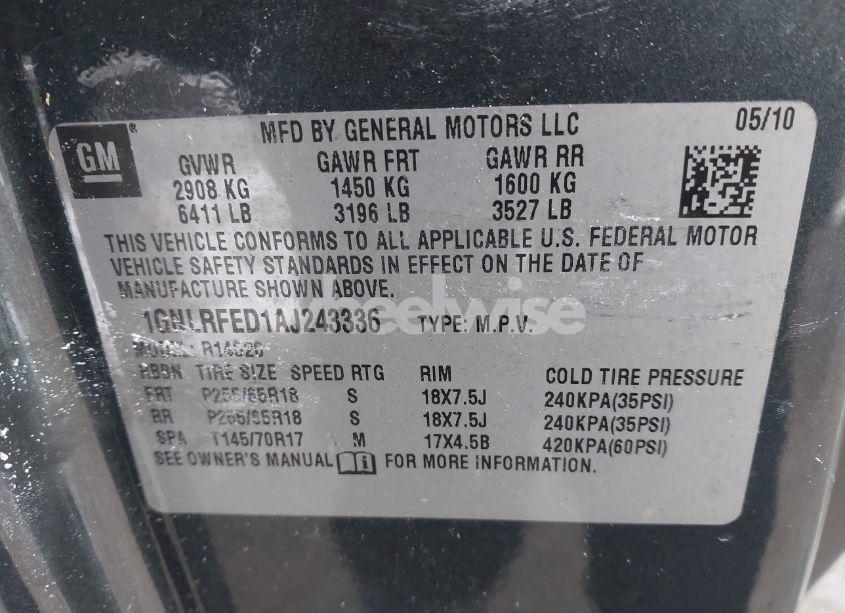 Photo 9 of 2010 Chevrolet Traverse LT (VIN 1GNLRFED1AJ243336)