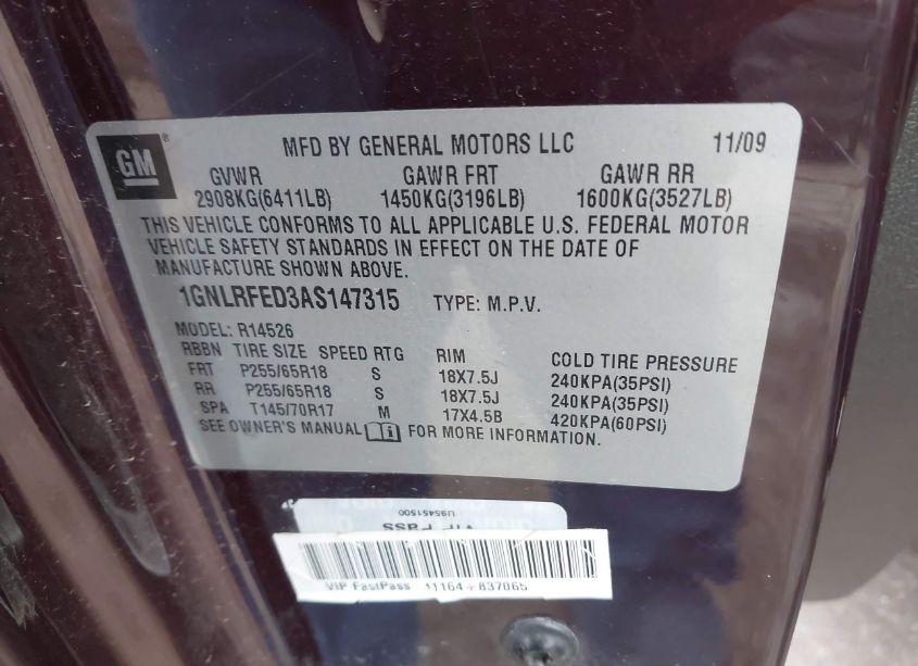 Photo 9 of 2010 Chevrolet Traverse LT (VIN 1GNLRFED3AS147315)